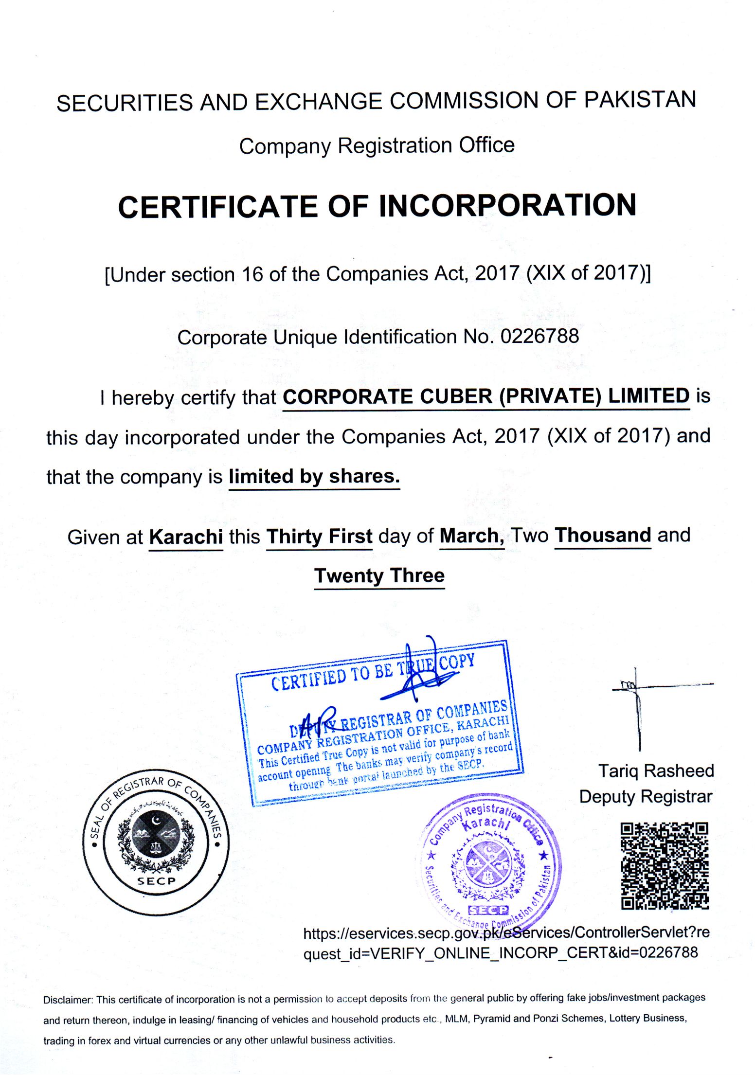 Certificate Incorporation – Stamped